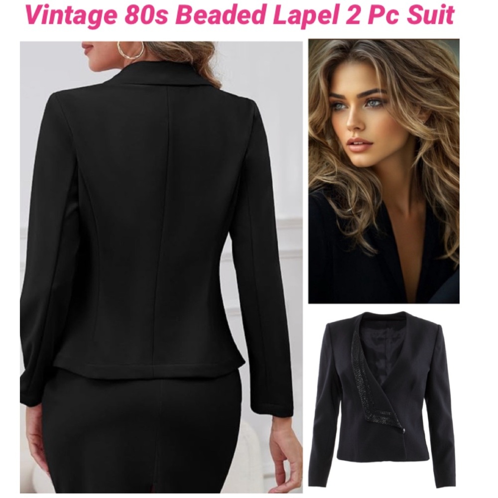 Wool Suit Beaded Lapel Collarless Blazer Black Dress Pencil Skirt USA Made 1980s